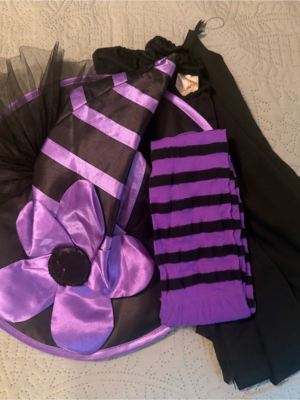 Purple and Black Witch Costume Hat & Tights Set. Size adult small